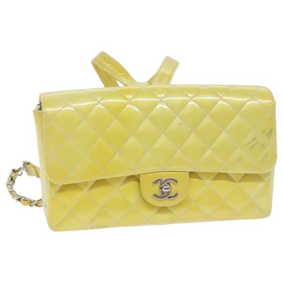 CHANEL Matelasse Backpack Patent Leather Yellow Silver CC - Picture 1 of 16